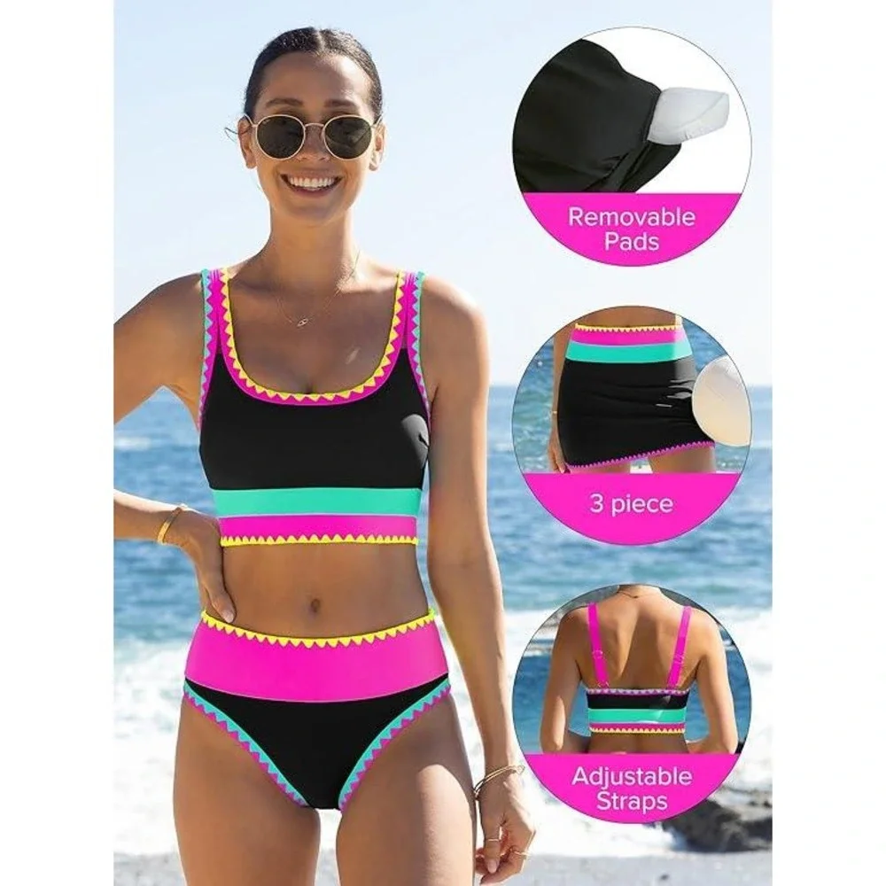 Popvil Womens 3 Piece Bikini Swim Skirt Set Black Pink Colorblock Ric Rac Size S